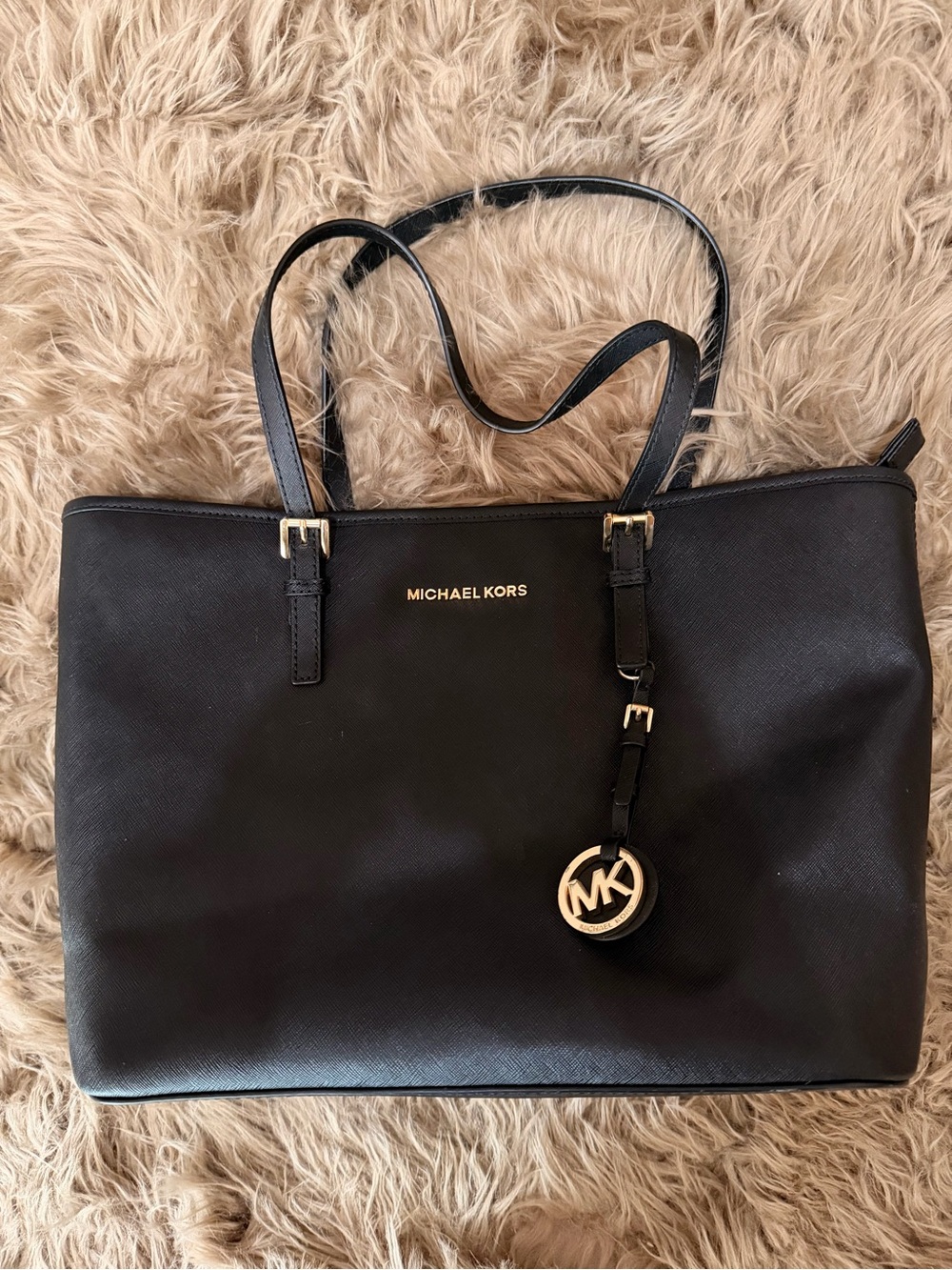 Michael Kors Black Leather Tote with Gold Logo Charm
